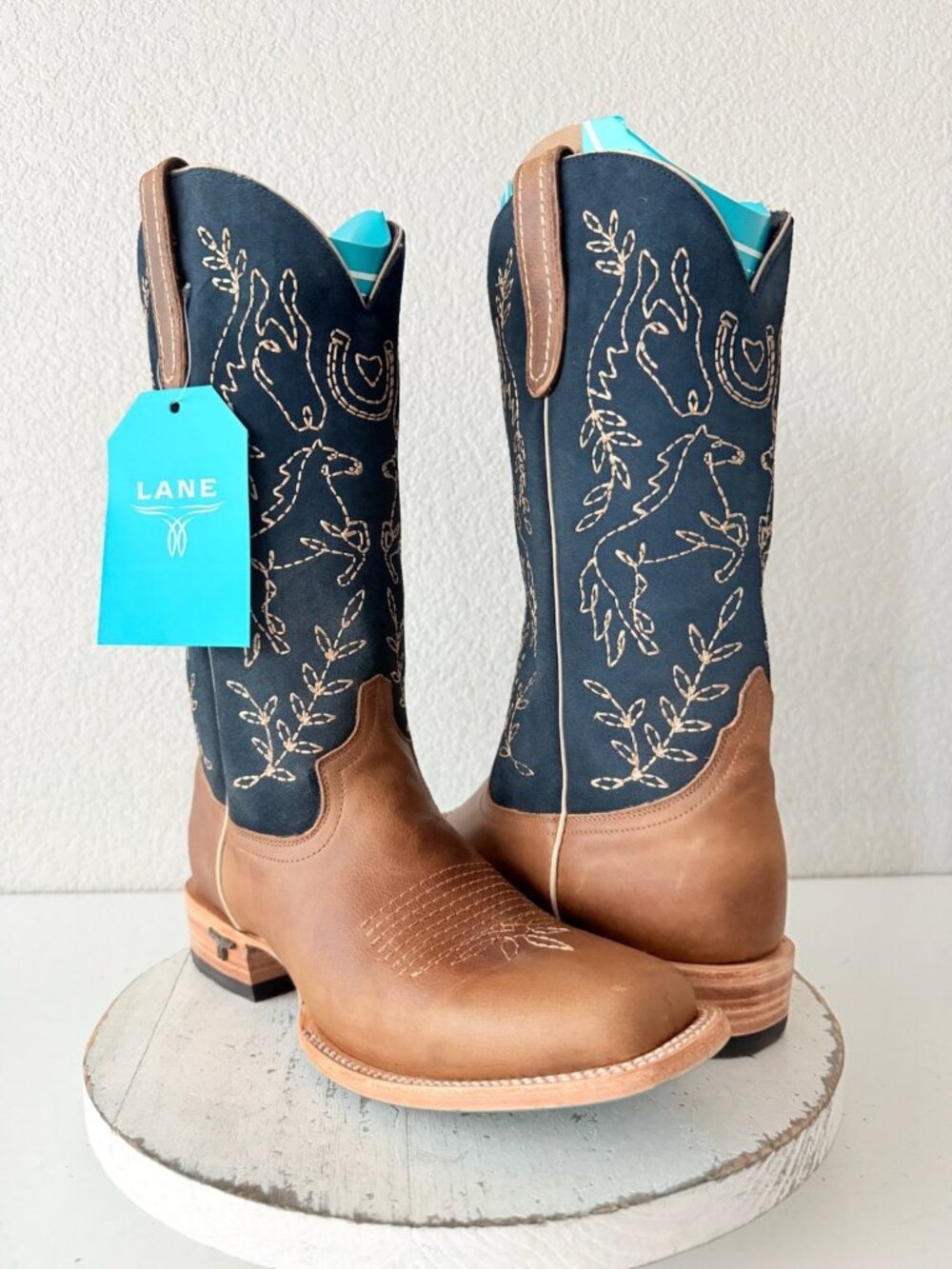 Lane BRIDLEWOOD Square Toe Cowboy Boots Brown Navy Blue Western Cowgirl Size 7